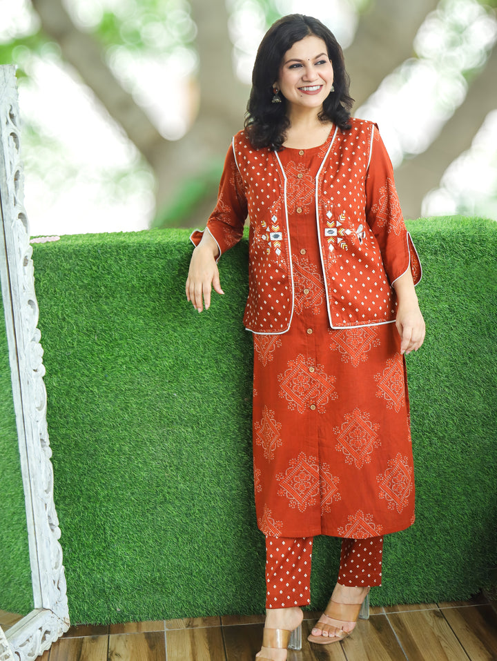 Rangrez Burnt Rust Bandhani Print Cotton Jacket Set