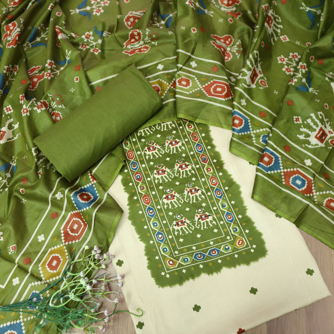Amelia Beige with Green Gajj Print Patra Work Yoke Cotton Set