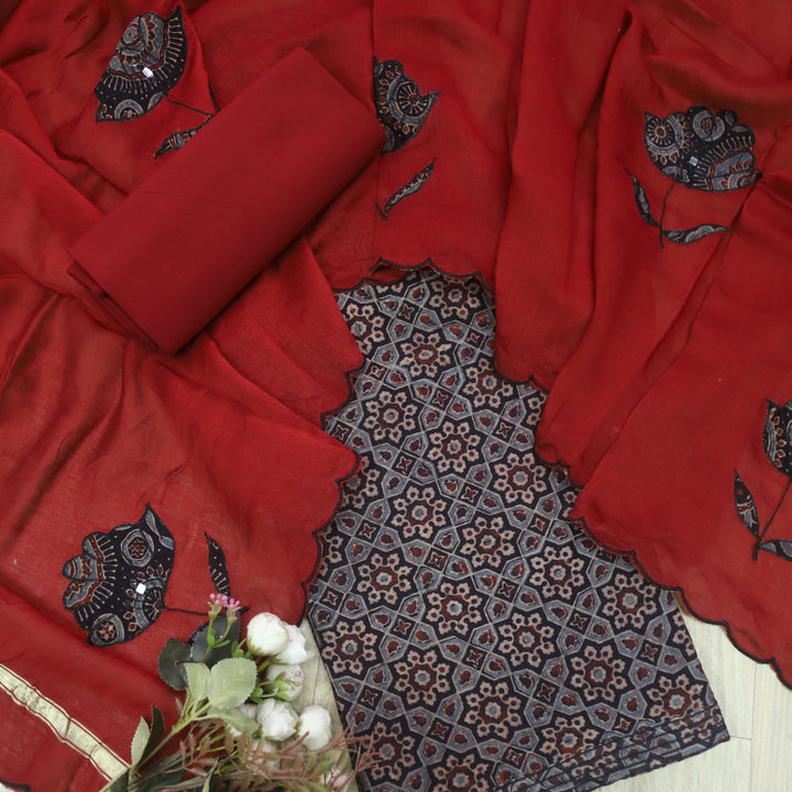 Mohataaz Raven Black Ajrak Printed Maheshwari Top With Dupatta Set D3