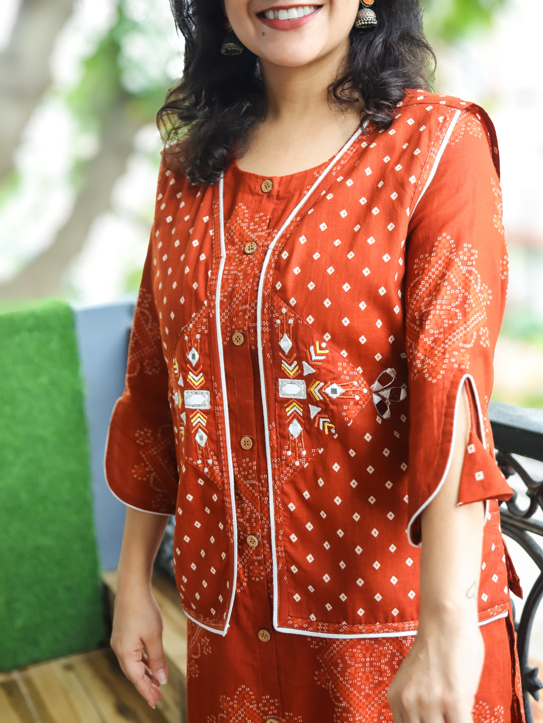 Rangrez Burnt Rust Bandhani Print Cotton Jacket Set