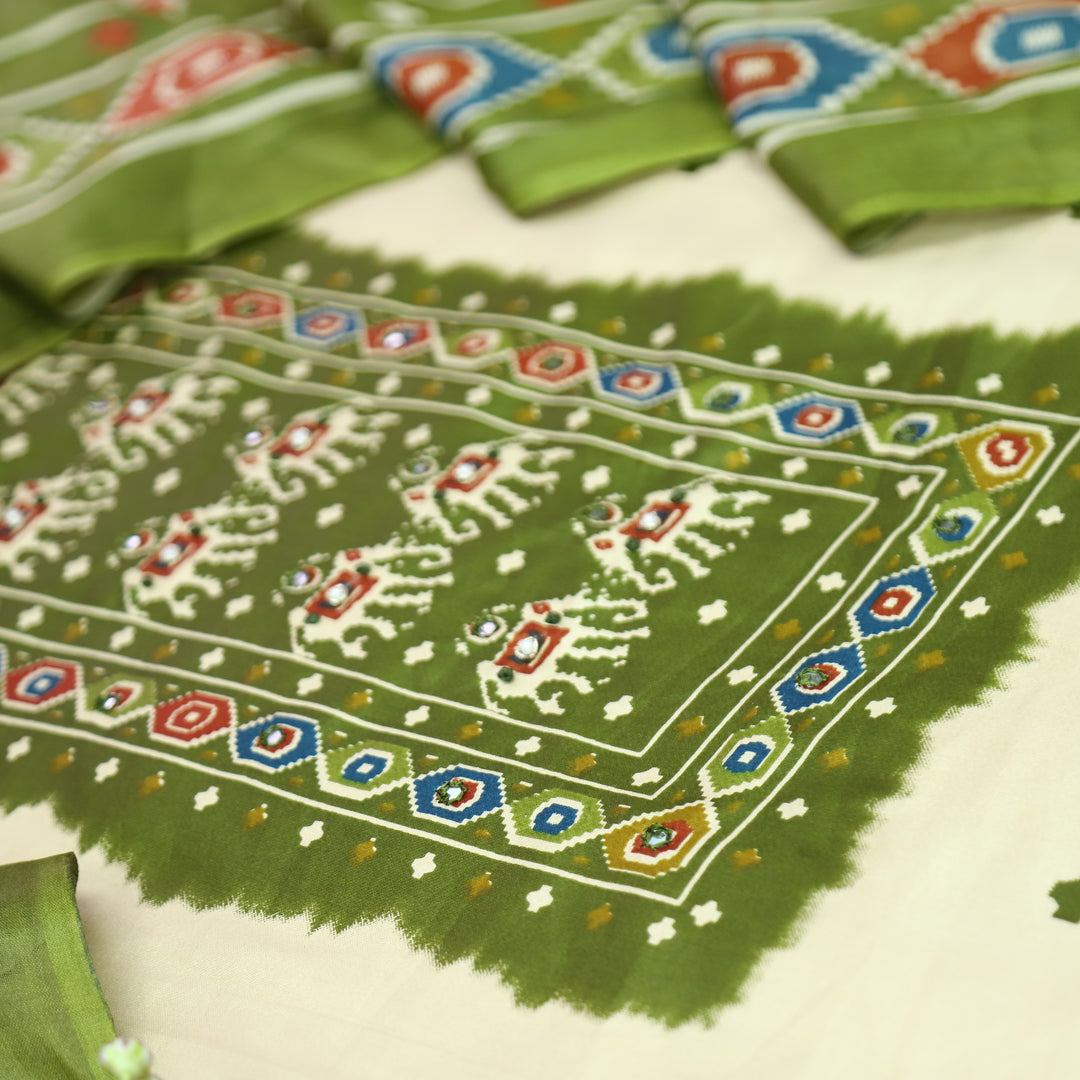 Amelia Beige with Green Gajj Print Patra Work Yoke Cotton Set