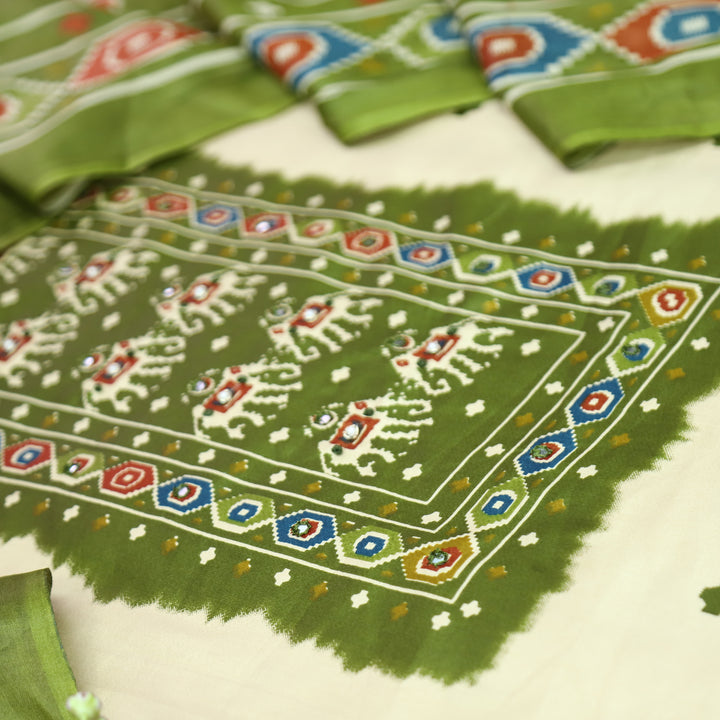 Amelia Beige with Green Gajj Print Patra Work Yoke Cotton Set