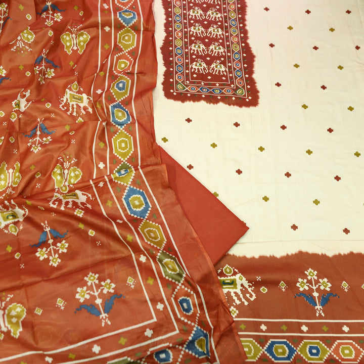 Amelia Beige with Rust Gajj Print Patra Work Yoke Cotton Set