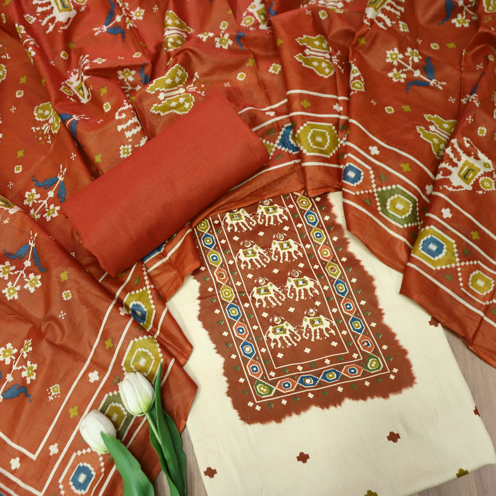Amelia Beige with Rust Gajj Print Patra Work Yoke Cotton Set