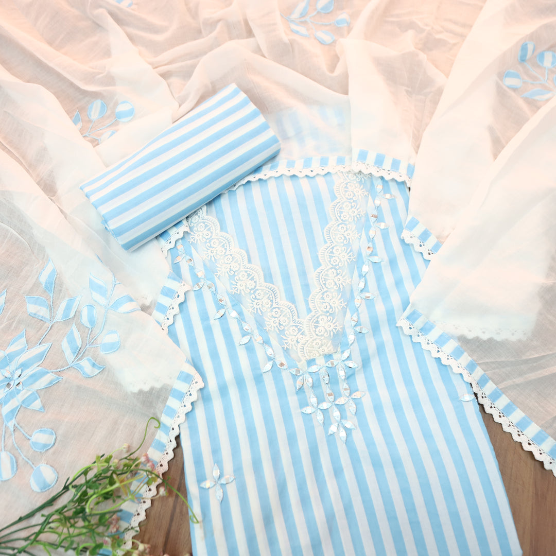 Aashna Piper Blue Stripe Printed Lace Work Cotton Set