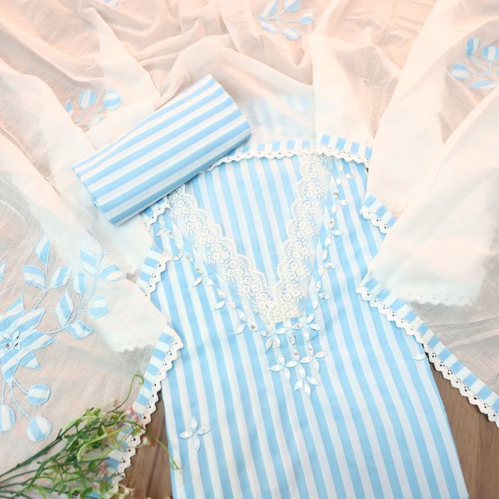 Aashna Piper Blue Stripe Printed Lace Work Cotton Set