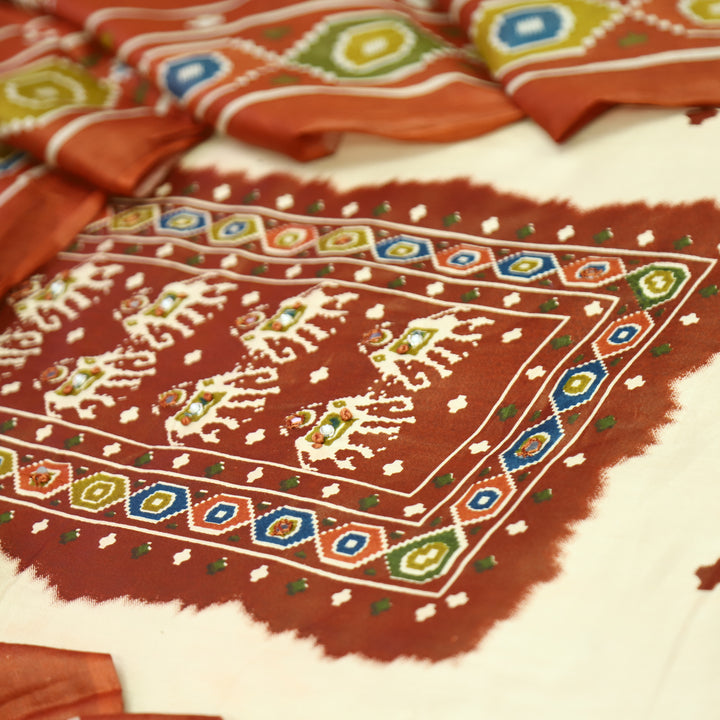Amelia Beige with Rust Gajj Print Patra Work Yoke Cotton Set