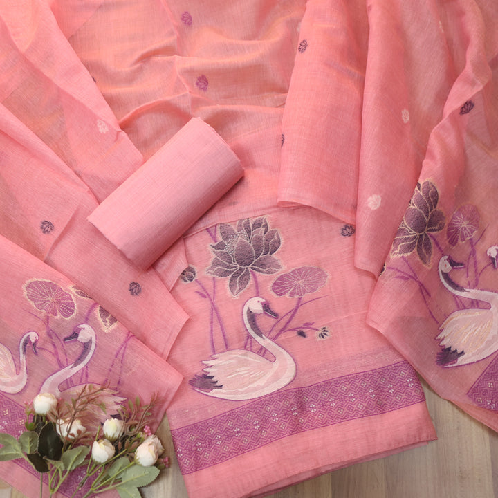 Kush Frosty Pink Swan Authentic Jamdani Weaved Hem Chanderi Suit Set