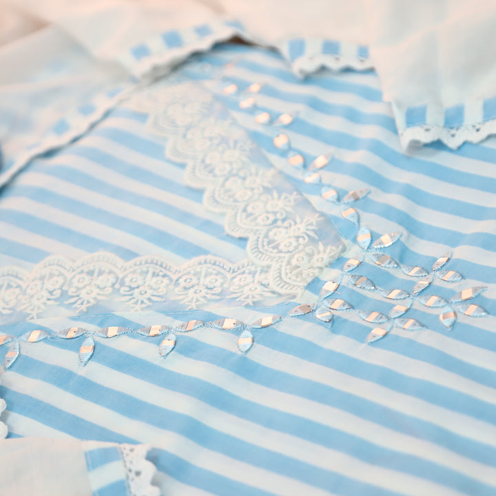 Aashna Piper Blue Stripe Printed Lace Work Cotton Set