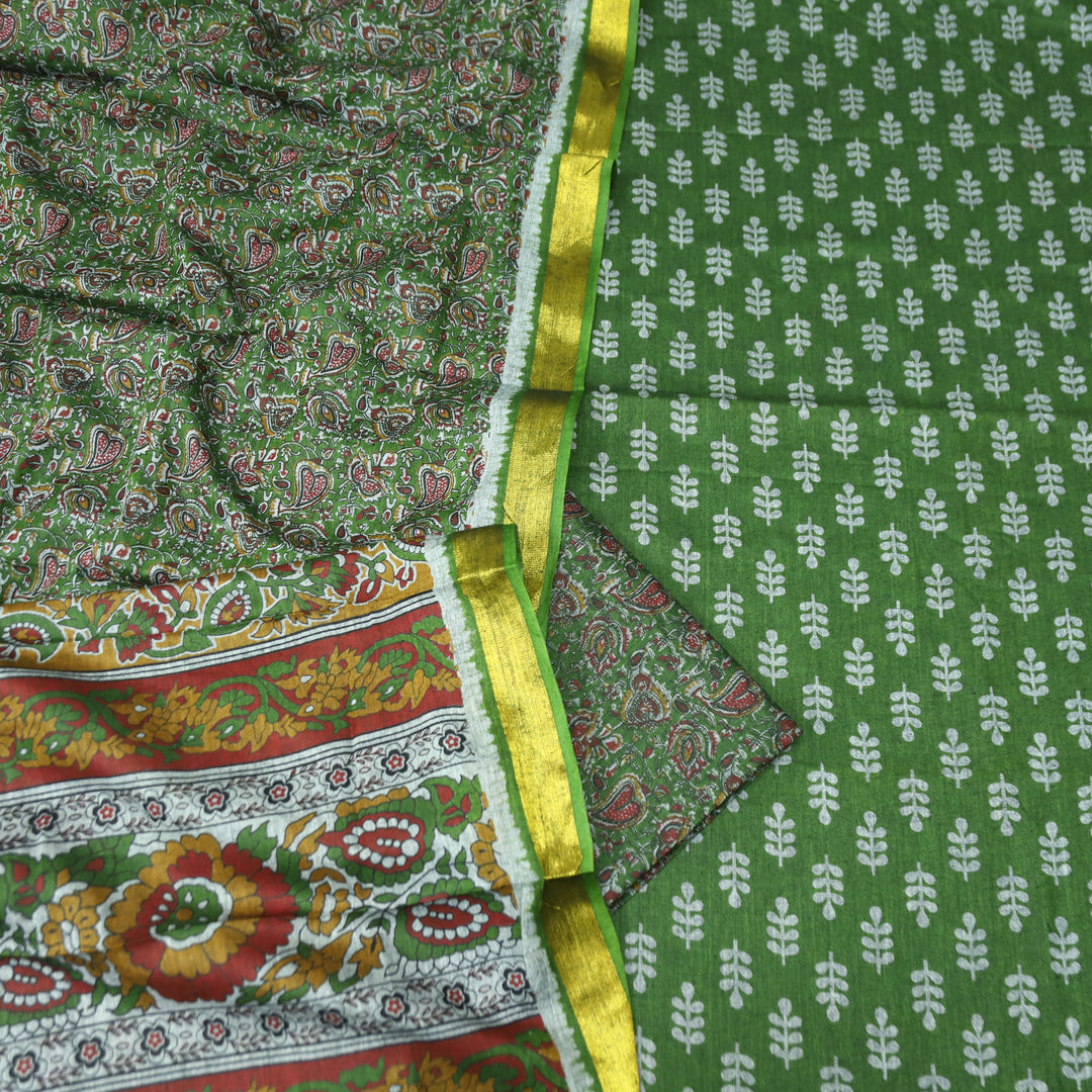 Irayaat Forest Green All Over Printed with Jacquard Weaved Hem Cotton Suit Set