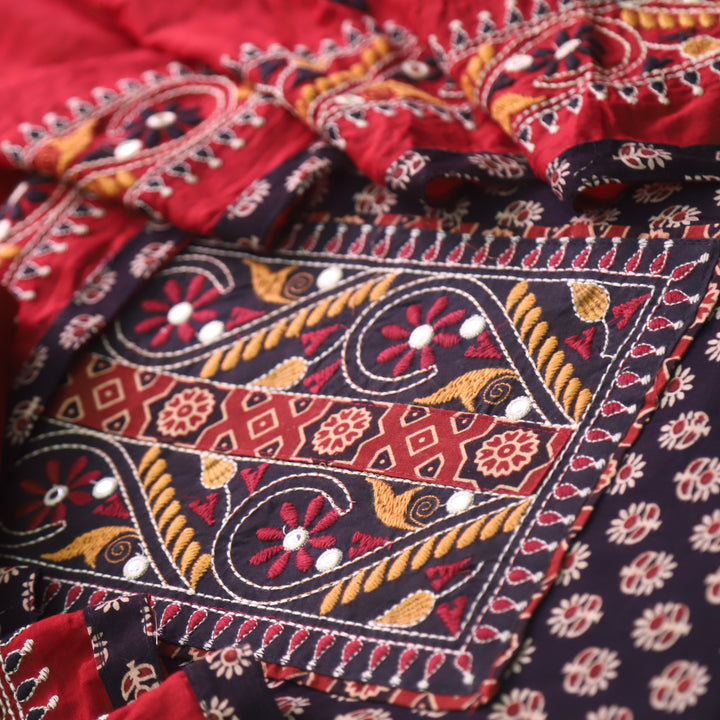 Khairiyat Raven Black Kutch Patch Work Cotton Top With Cotton Dupatta Set