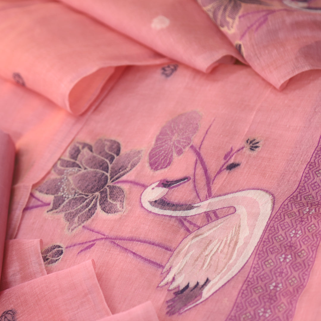 Kush Frosty Pink Swan Authentic Jamdani Weaved Hem Chanderi Suit Set