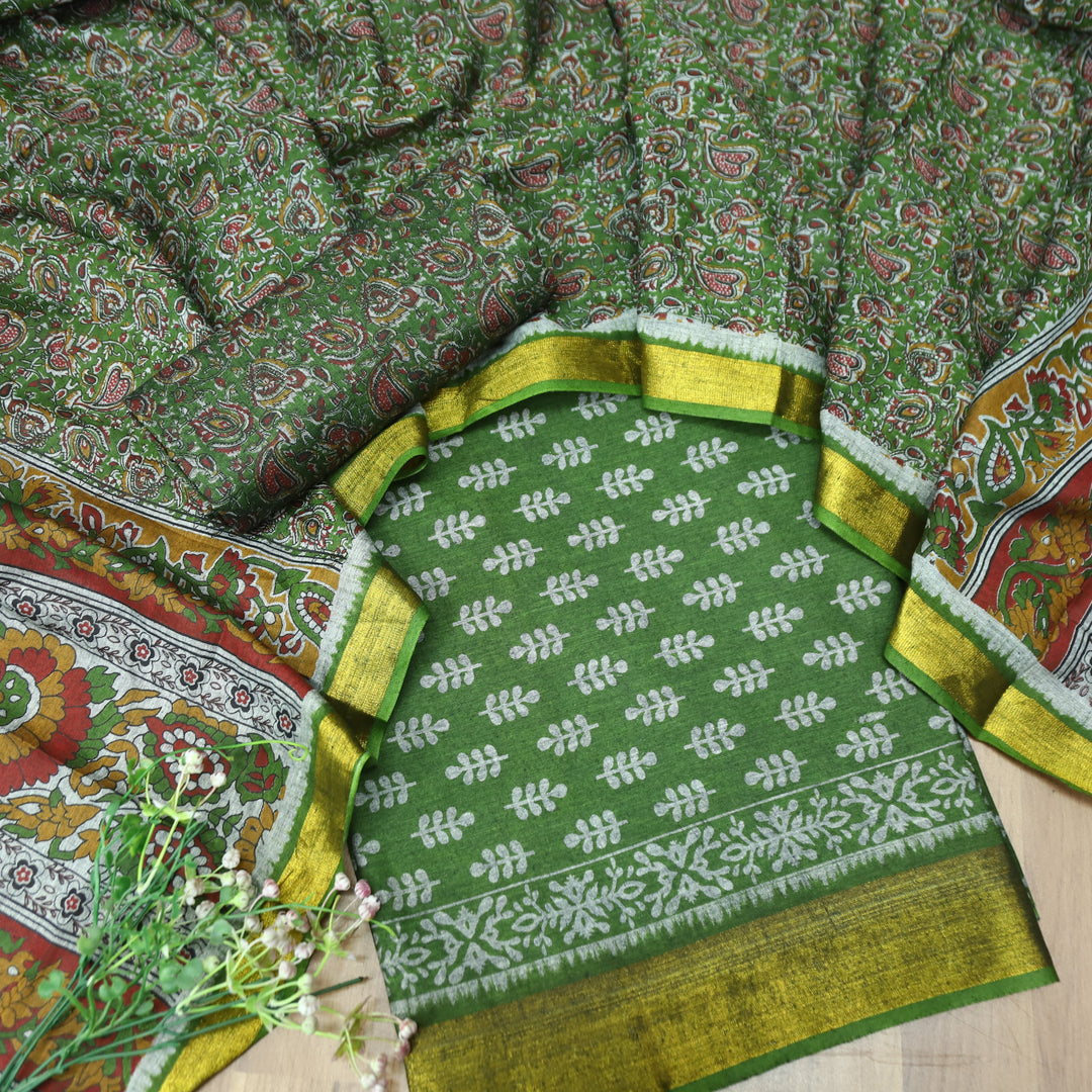 Irayaat Forest Green All Over Printed with Jacquard Weaved Hem Cotton Suit Set