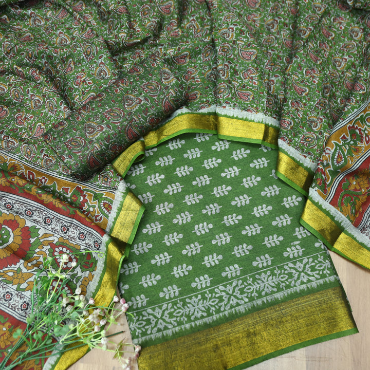 Irayaat Forest Green All Over Printed with Jacquard Weaved Hem Cotton Suit Set