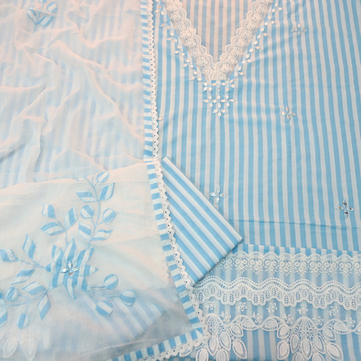 Aashna Piper Blue Stripe Printed Lace Work Cotton Set
