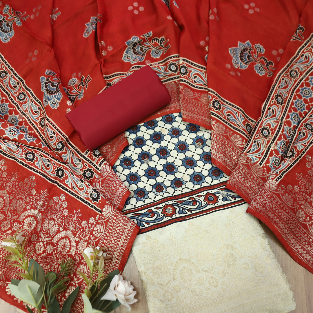 Musafir Pearl White Zari Woven Hem Ajrak Printed Dola Silk Set