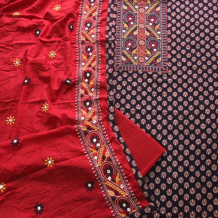 Khairiyat Raven Black Kutch Patch Work Cotton Top With Cotton Dupatta Set