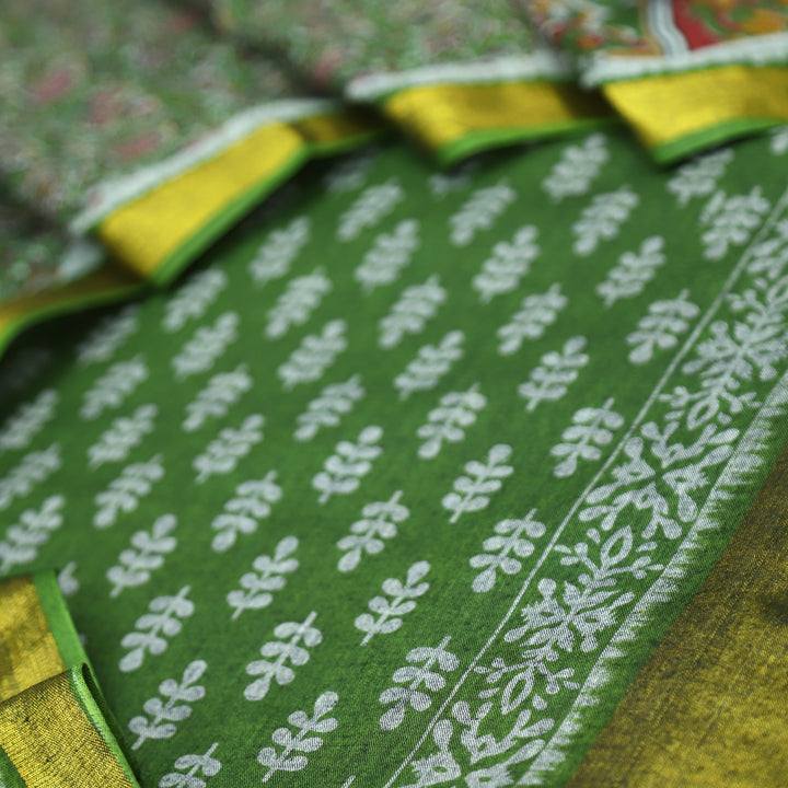 Irayaat Forest Green All Over Printed with Jacquard Weaved Hem Cotton Suit Set