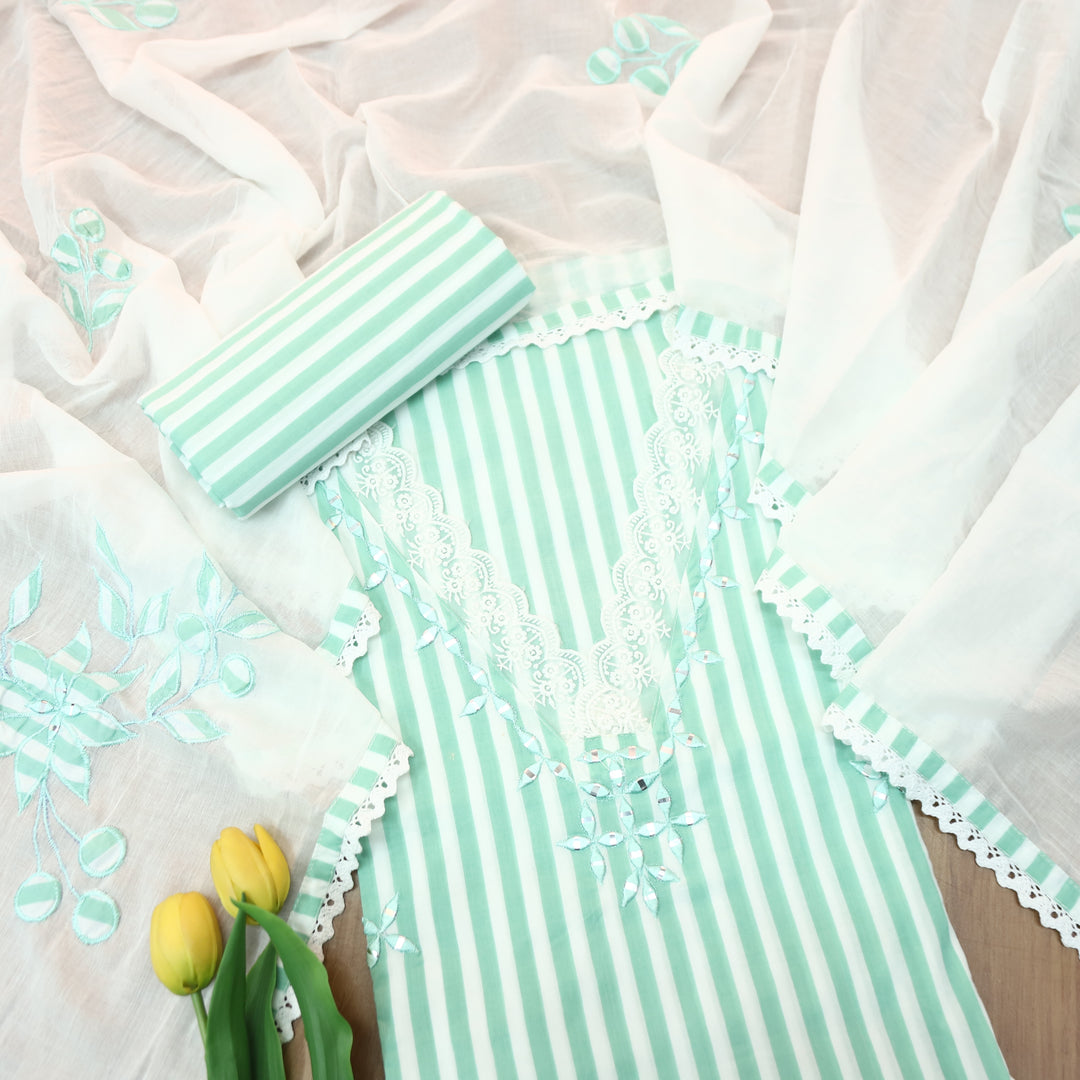 Aashna Sea Form Green Stripe Printed Lace Work Cotton Set