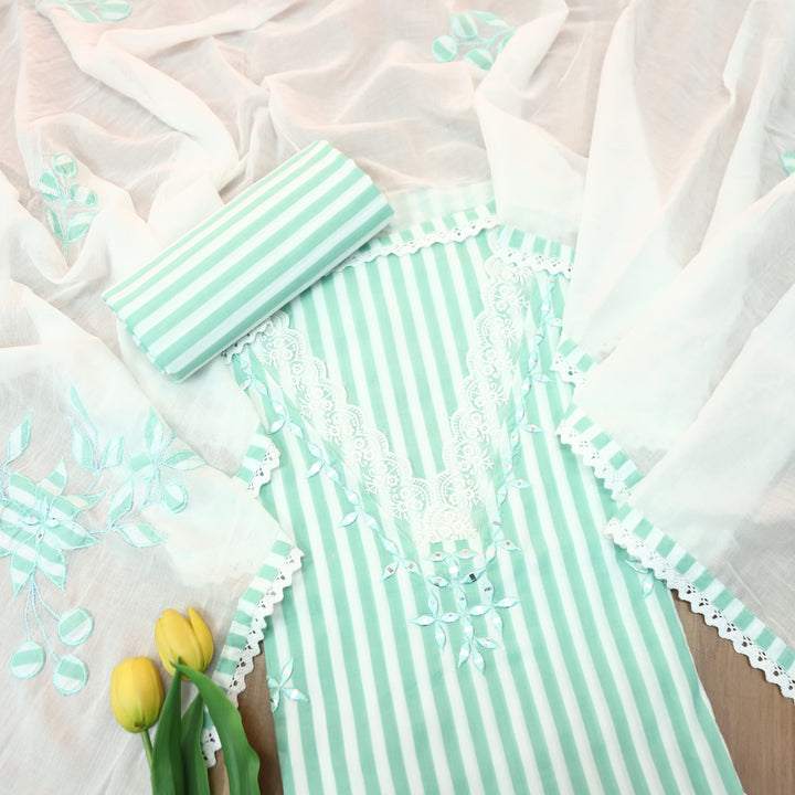 Aashna Sea Form Green Stripe Printed Lace Work Cotton Set