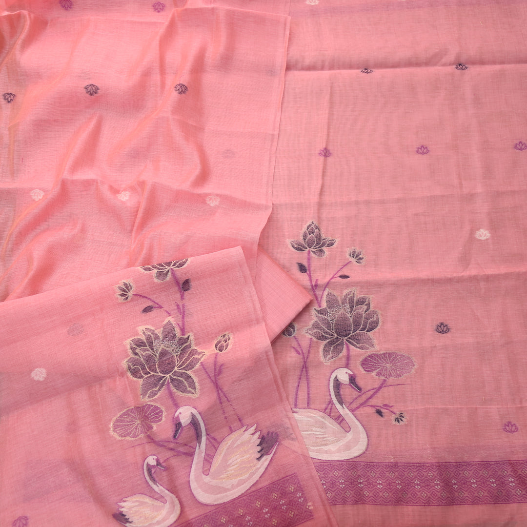 Kush Frosty Pink Swan Authentic Jamdani Weaved Hem Chanderi Suit Set