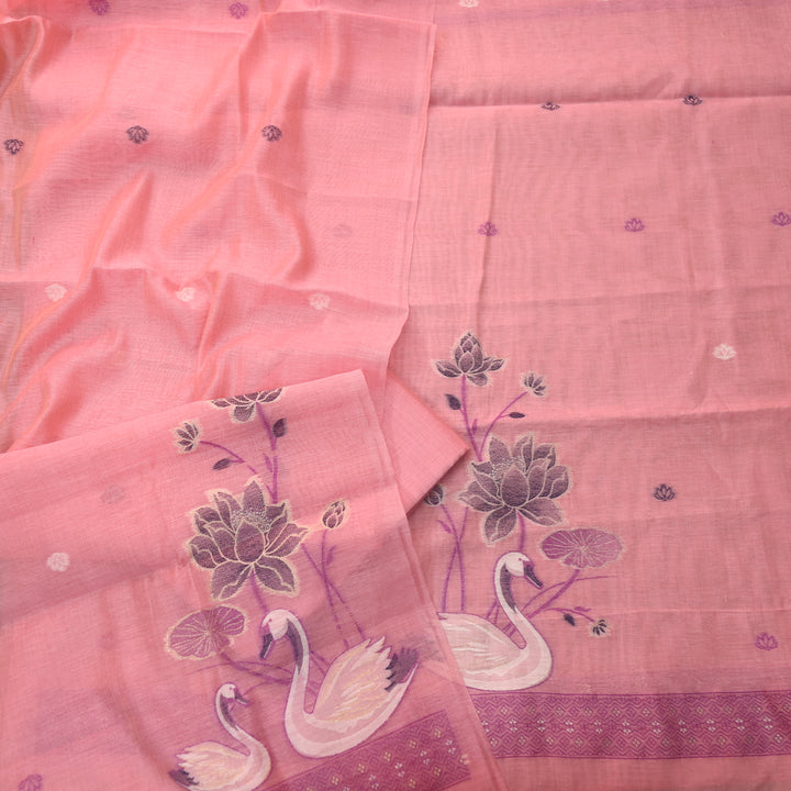 Kush Frosty Pink Swan Authentic Jamdani Weaved Hem Chanderi Suit Set