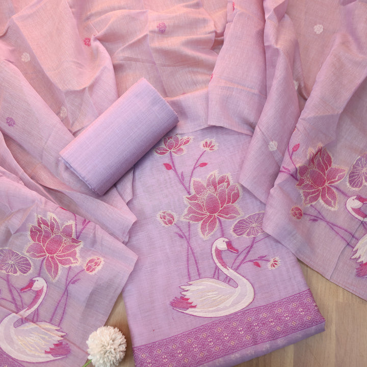 Kush Orchid Purple Swan Authentic Jamdani Weaved Hem Chanderi Suit Set