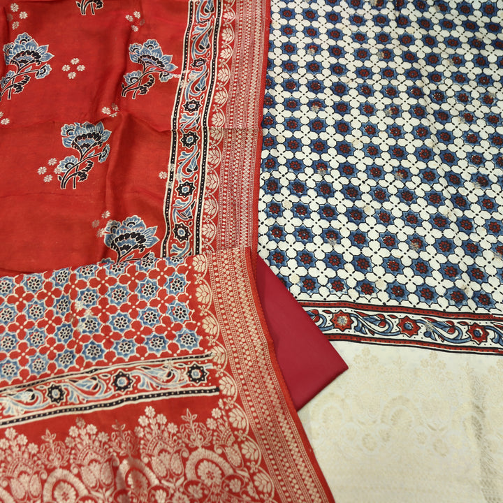 Musafir Pearl White Zari Woven Hem Ajrak Printed Dola Silk Set