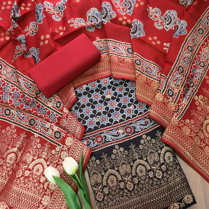 Musafir Ebony Black Zari Woven Hem Ajrak Printed Dola Silk Set
