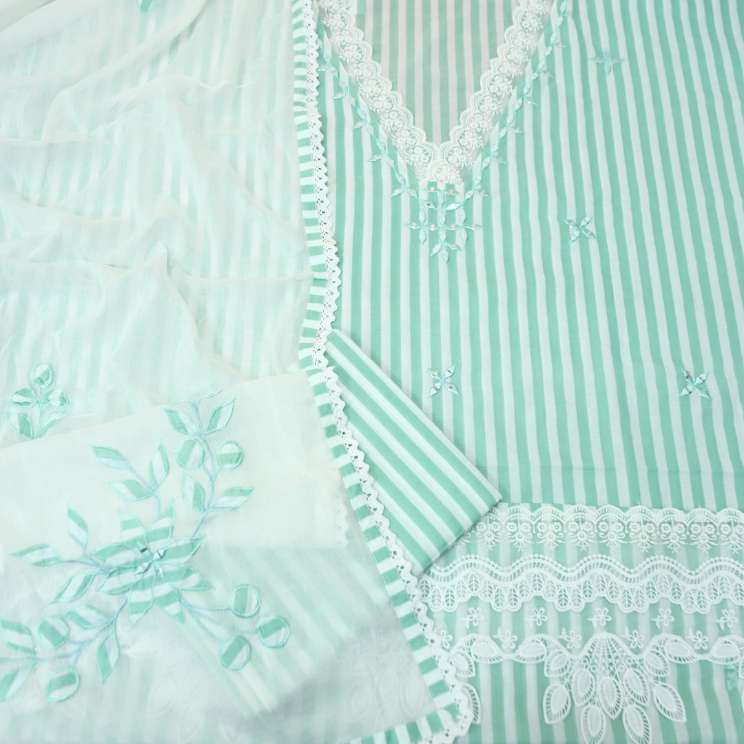 Aashna Sea Form Green Stripe Printed Lace Work Cotton Set