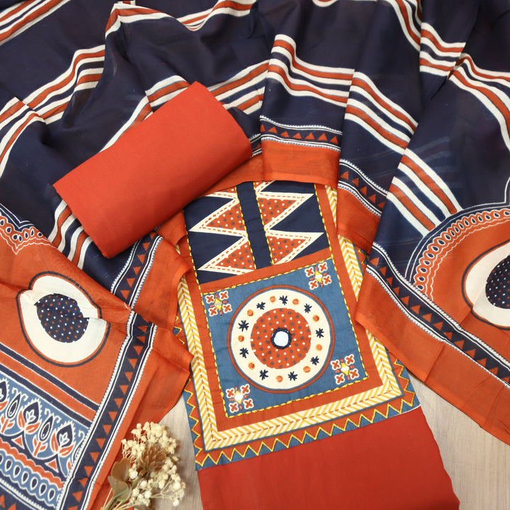 Anisa Tomato Red Ajrakh Printed Yoke with Mirror Cotton Set