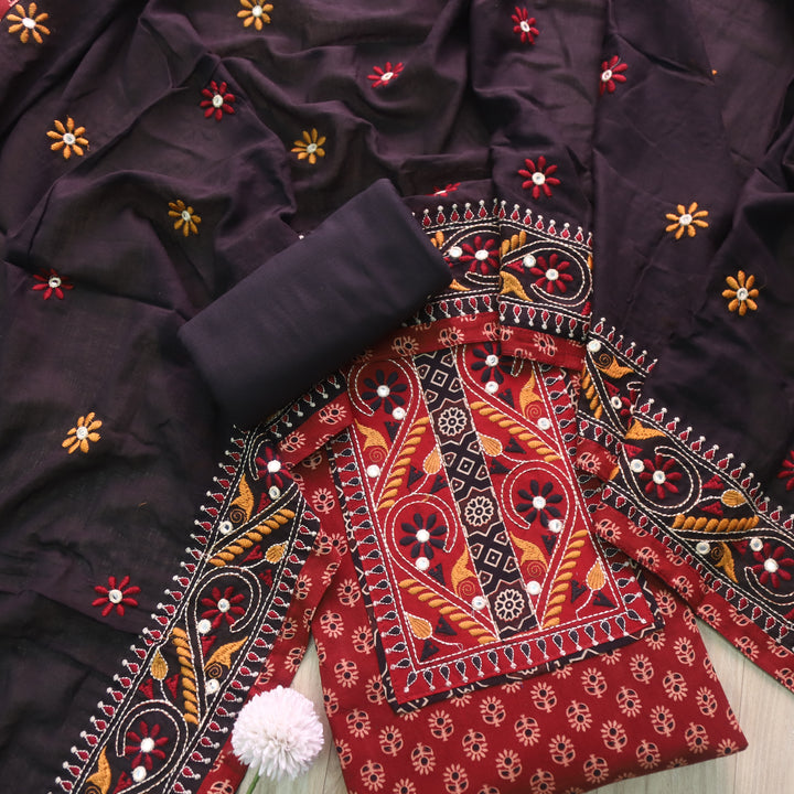 Khairiyat Cherry Red Kutch Patch Work Cotton Top With Cotton Dupatta Set
