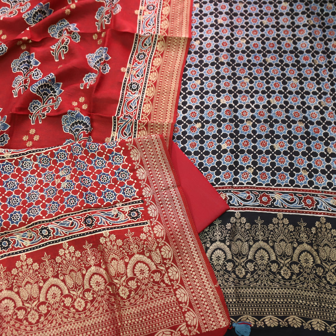 Musafir Ebony Black Zari Woven Hem Ajrak Printed Dola Silk Set