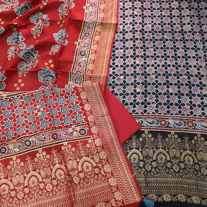 Musafir Ebony Black Zari Woven Hem Ajrak Printed Dola Silk Set