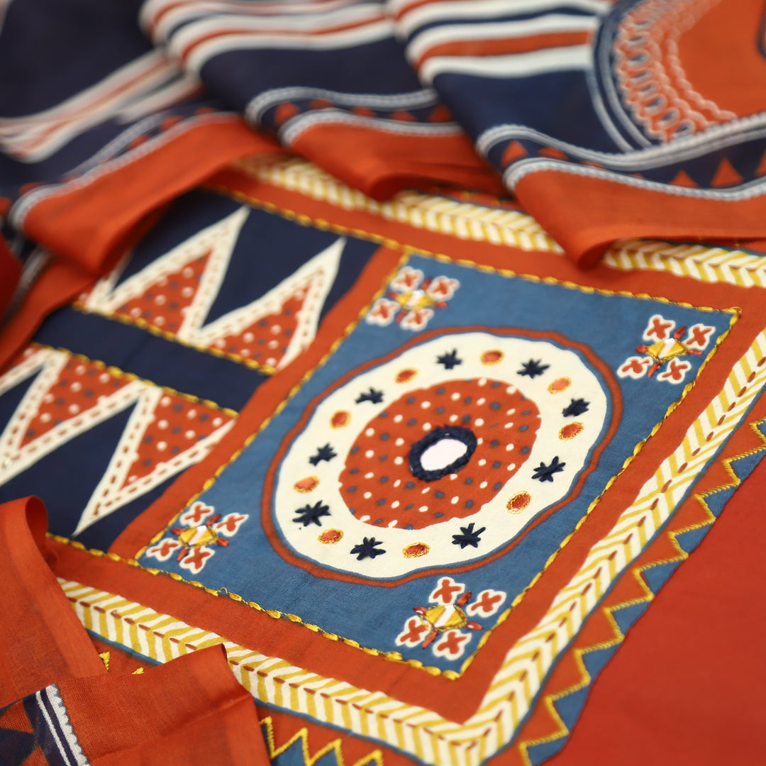 Anisa Tomato Red Ajrakh Printed Yoke with Mirror Cotton Set