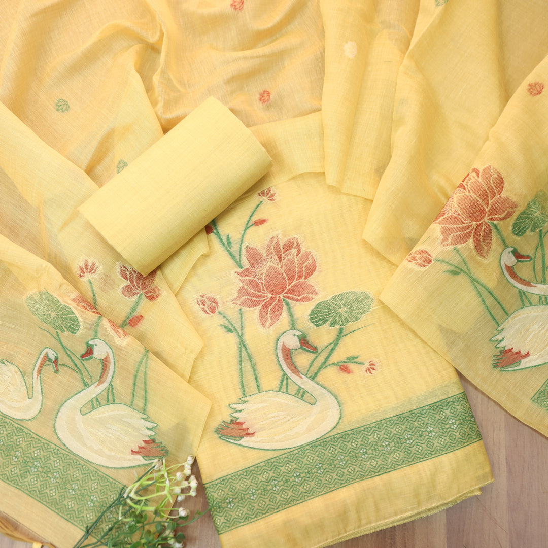 Kush Corn Yellow Swan Authentic Jamdani Weaved Hem Chanderi Suit Set