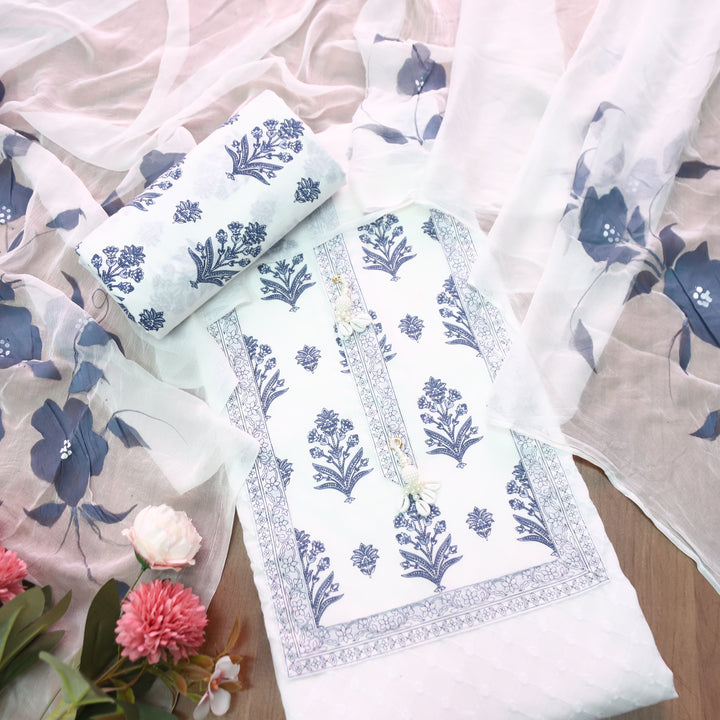 Raina White with Blue Floral Printed in All Over Thread Work Cotton Suit Set
