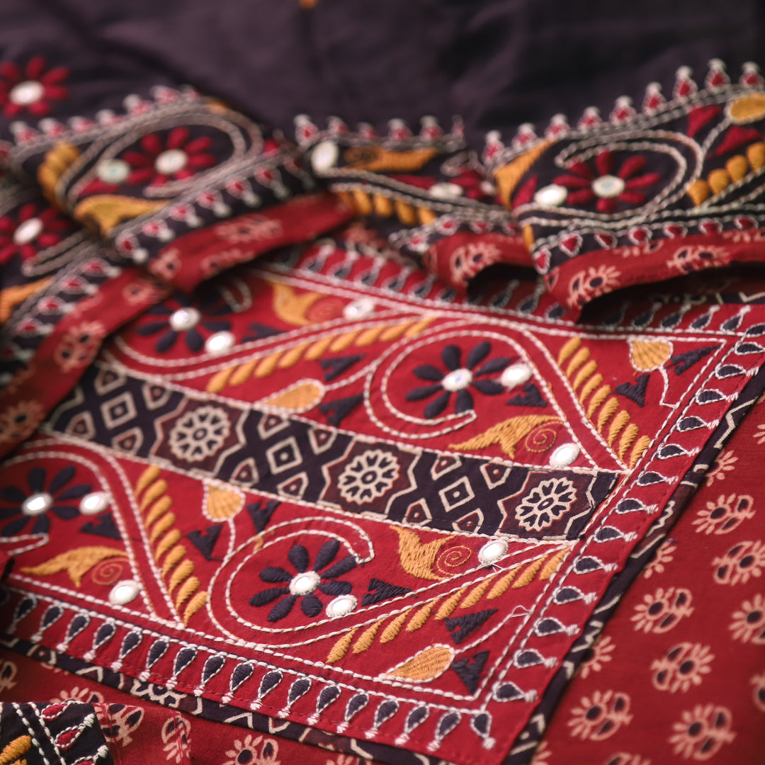 Khairiyat Cherry Red Kutch Patch Work Cotton Top With Cotton Dupatta Set