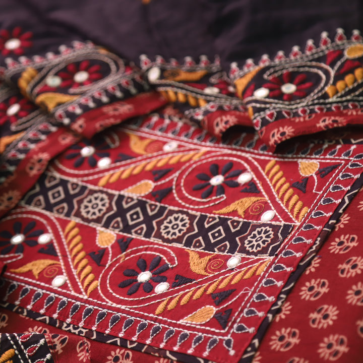 Khairiyat Cherry Red Kutch Patch Work Cotton Top With Cotton Dupatta Set