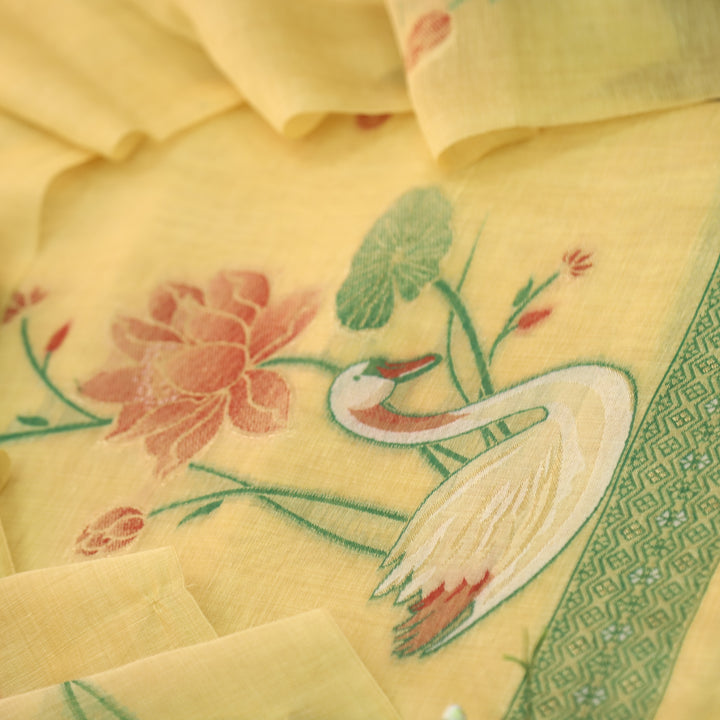 Kush Corn Yellow Swan Authentic Jamdani Weaved Hem Chanderi Suit Set