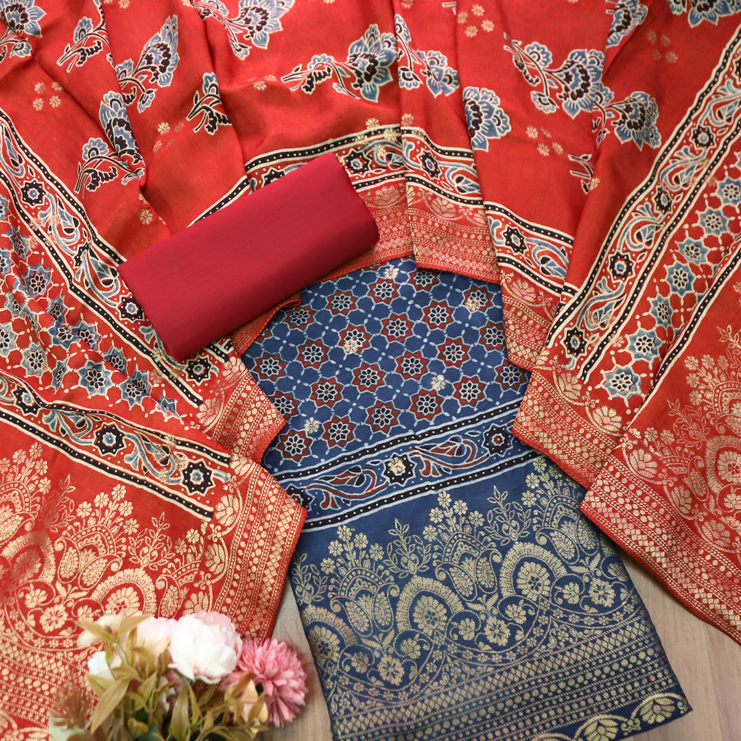 Musafir Navy Blue Zari Woven Hem Ajrak Printed Dola Silk Set