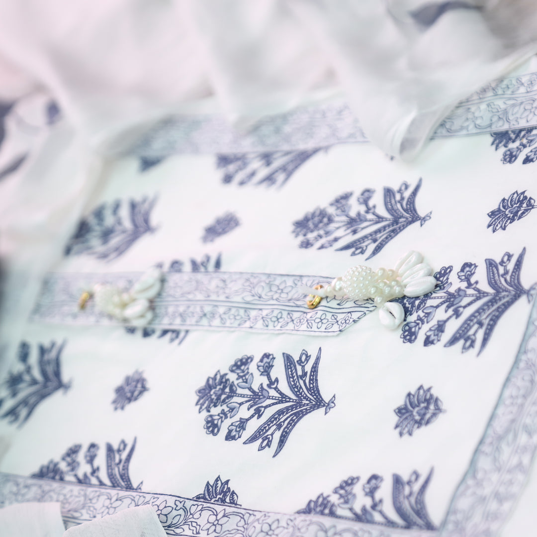Raina White with Blue Floral Printed in All Over Thread Work Cotton Suit Set