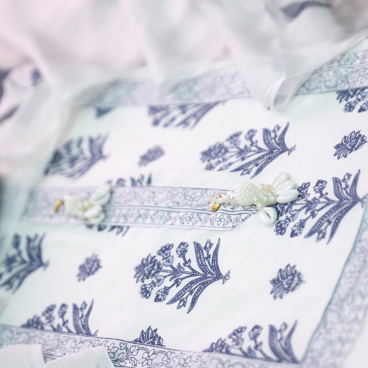 Raina White with Blue Floral Printed in All Over Thread Work Cotton Suit Set