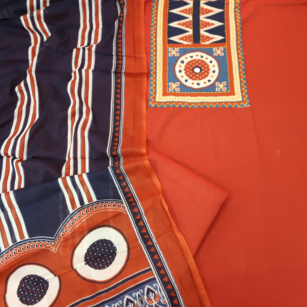 Anisa Tomato Red Ajrakh Printed Yoke with Mirror Cotton Set