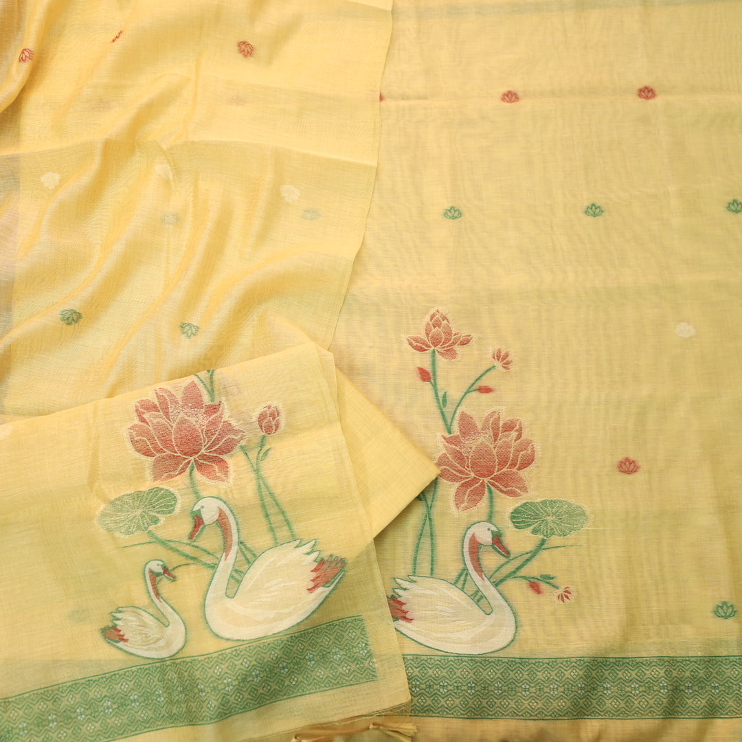 Kush Corn Yellow Swan Authentic Jamdani Weaved Hem Chanderi Suit Set