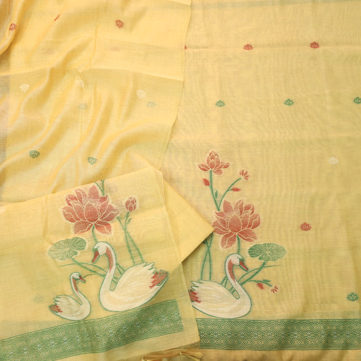 Kush Corn Yellow Swan Authentic Jamdani Weaved Hem Chanderi Suit Set