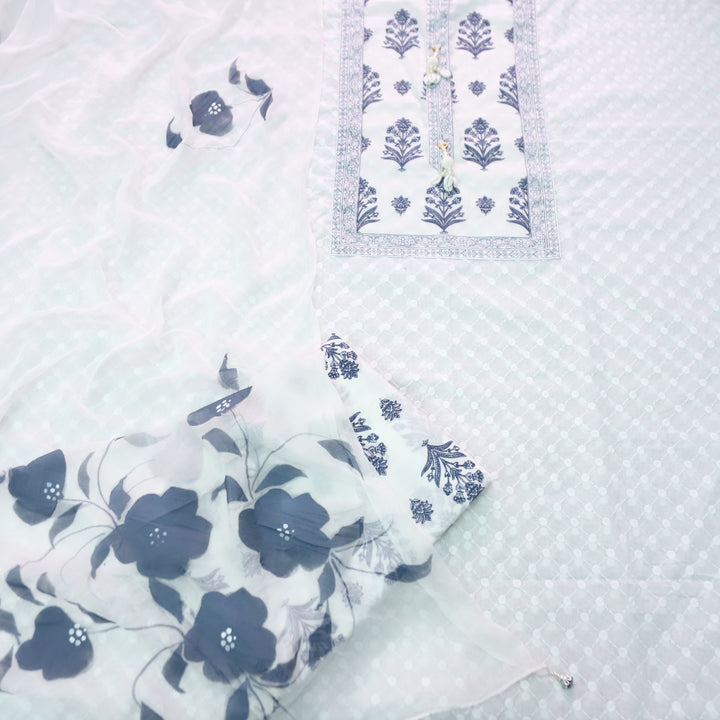 Raina White with Blue Floral Printed in All Over Thread Work Cotton Suit Set
