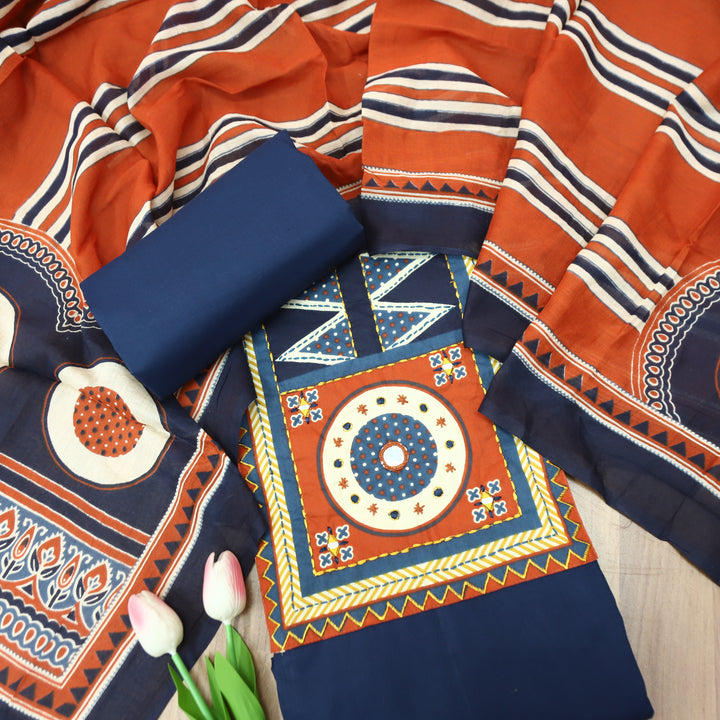 Anisa Royal Blue Ajrakh Printed Yoke with Mirror Cotton Set