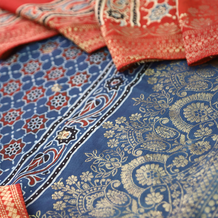 Musafir Navy Blue Zari Woven Hem Ajrak Printed Dola Silk Set