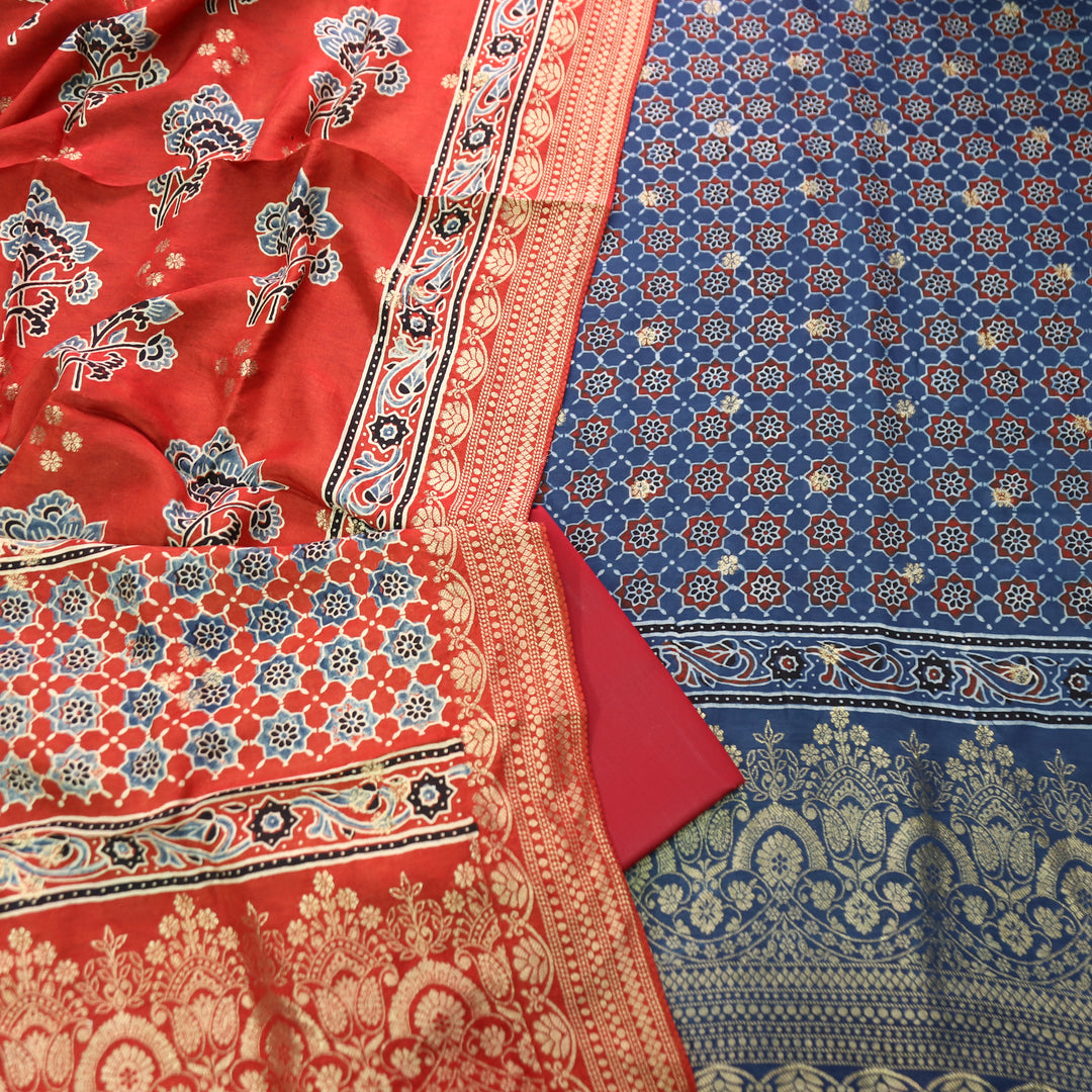 Musafir Navy Blue Zari Woven Hem Ajrak Printed Dola Silk Set